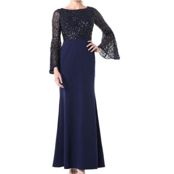 NWT Adrianna Papell Navy Blue Sequins Bell Sleeve Evening Dress Size 6 - Picture 1 of 6